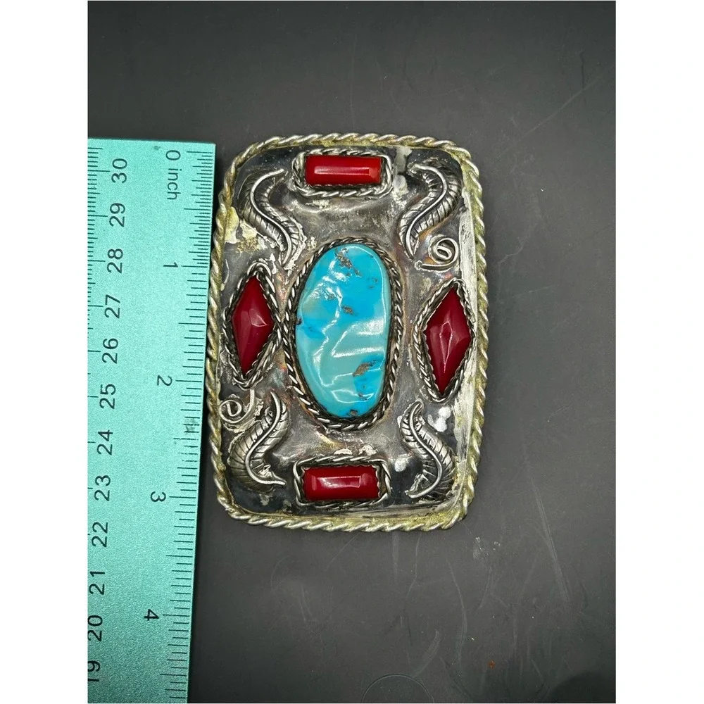 Vintage Silver Belt Buckle With‎ Turquoise Coral And Agate